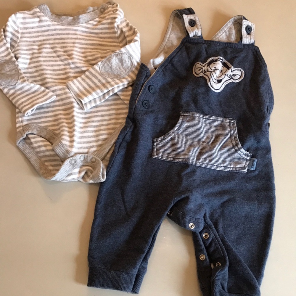 Cotton tigger overalls and grey striped onesie
